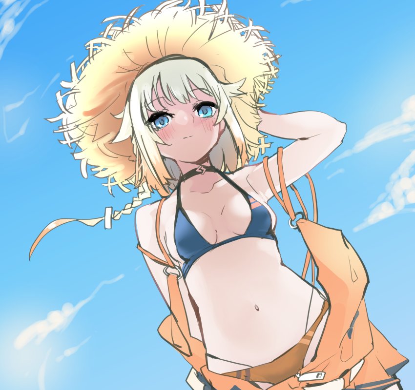 1girl, absurdres, arm_behind_head, arm_up, armpits, bare_arms, bare_shoulders, bikini, blue_bikini, blue_eyes, blue_sky, blush, braid, breasts, brown_bikini, brown_hair, brown_hat, cevio, closed_mouth, cloud, commentary_request, day, floating_hair, gin_no_taiyou, grey_hair, hat, highres, long_hair, looking_at_viewer, mismatched_bikini, navel, off_shoulder, one_(cevio), outdoors, single_braid, sky, small_breasts, solo, straw_hat, swimsuit