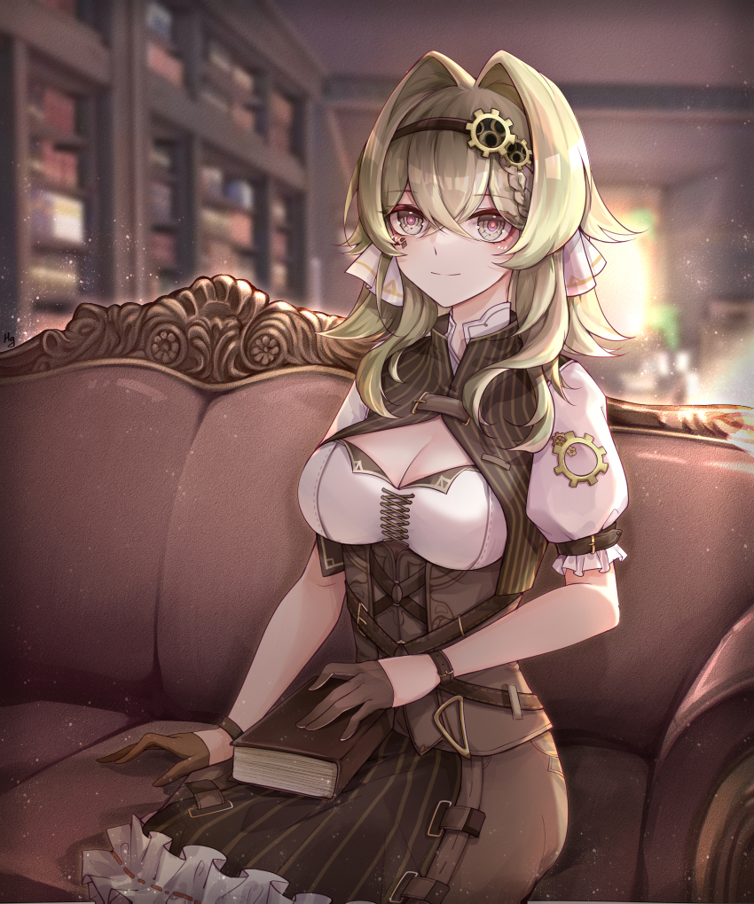 1girl, absurdres, black_hairband, blurry, blurry_background, book, bookshelf, braid