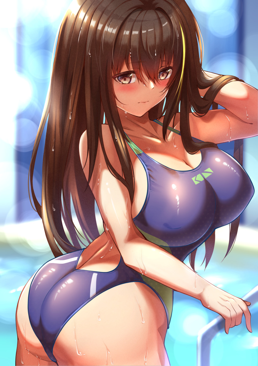 1girl, black_eyes, black_hair, breasts, competition_swimsuit, cowboy_shot, from_side, girls'_frontline