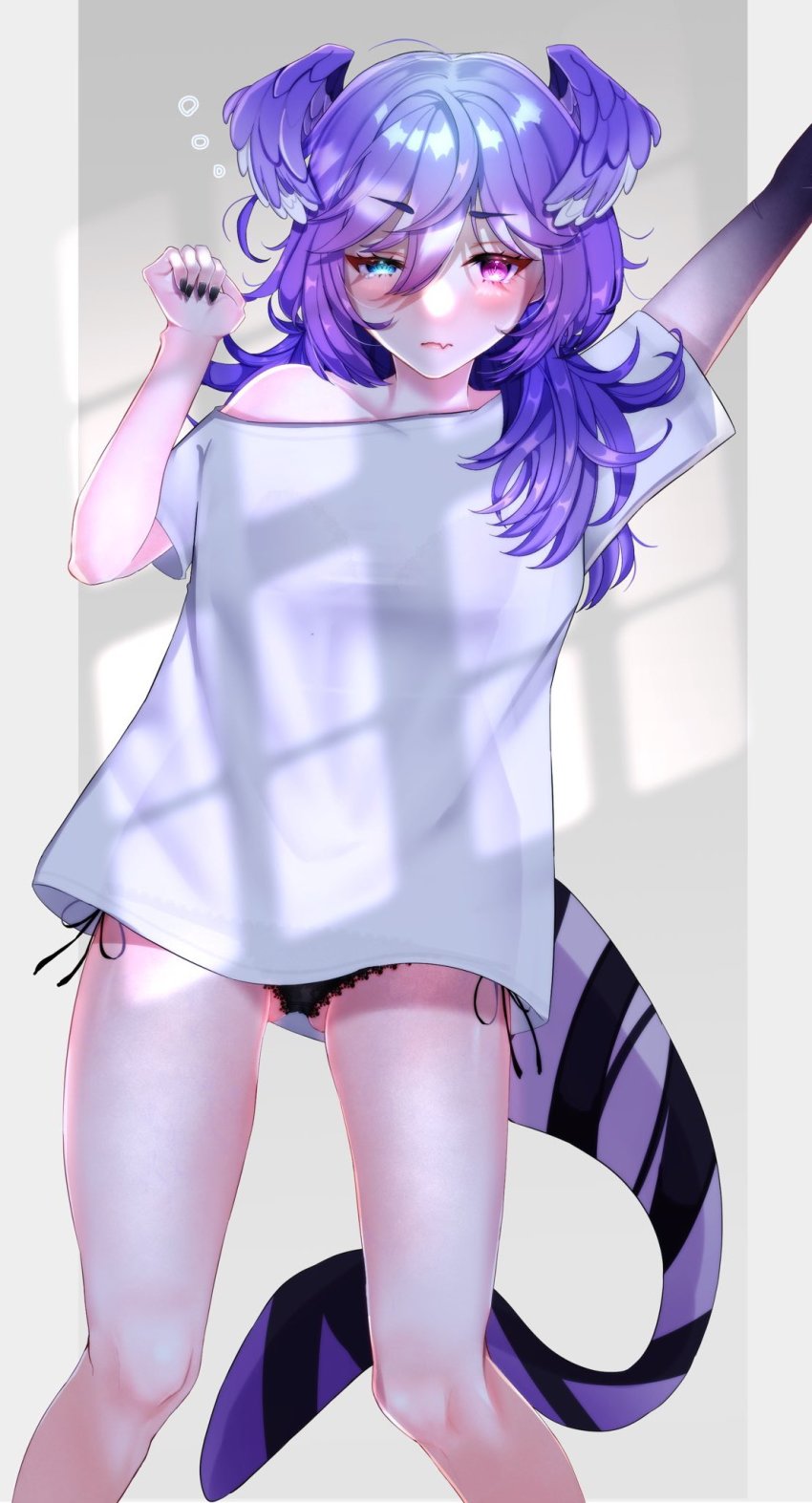 1girl, 6_may_6, ahoge, asymmetrical_arms, black_nails, black_panties, blue_eyes, blush