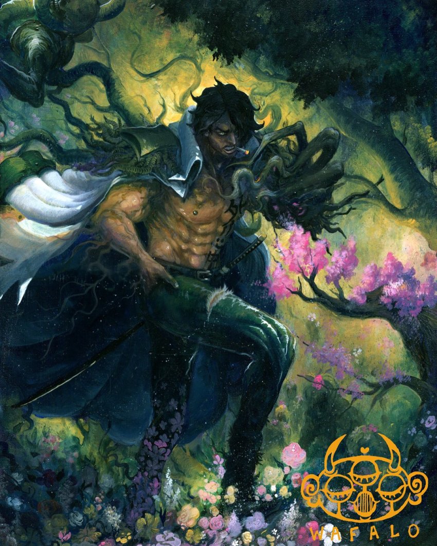 1boy, abs, acrylic_paint_(medium), artist_name, body_writing, devil_fruit, facial_hair, flower, forest, hand_in_pocket, highres, katana, looking_at_viewer, military, military_uniform, muscular, nature, one_piece, painting_(medium), pants, pectorals, print_pants, ryokugyu_(one_piece), short_hair, simple_background, smoking, sword, tattoo, traditional_media, wafalo, weapon