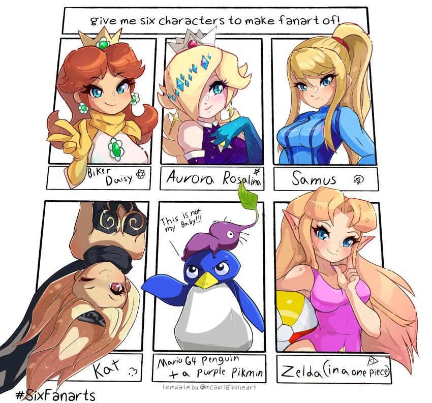 5girls, absurdres, ball, beachball, bikini, bird, blonde_hair, bodysuit, breasts, brown_hair, cleavage, crown, earrings, elf, flower_earrings, gloves, gravity_daze, grin, hair_over_one_eye, highres, jewelry, kitten_(gravity_daze), leotard, long_hair, looking_at_viewer, mario_(series), mario_kart, mario_kart_tour, mario_kart_wii, metroid, mother_penguin, multiple_drawing_challenge, multiple_girls, nin10ja, nintendo, one_eye_closed, penguin, penguin_(mario), pikmin_(creature), pikmin_(series), pointy_ears, ponytail, princess_daisy, princess_zelda, purple_pikmin, rosalina, samus_aran, scarf, six_fanarts_challenge, smile, super_mario_64, super_smash_bros., swimsuit, the_legend_of_zelda, the_legend_of_zelda:_a_link_between_worlds, upside-down, v, wink, zero_suit