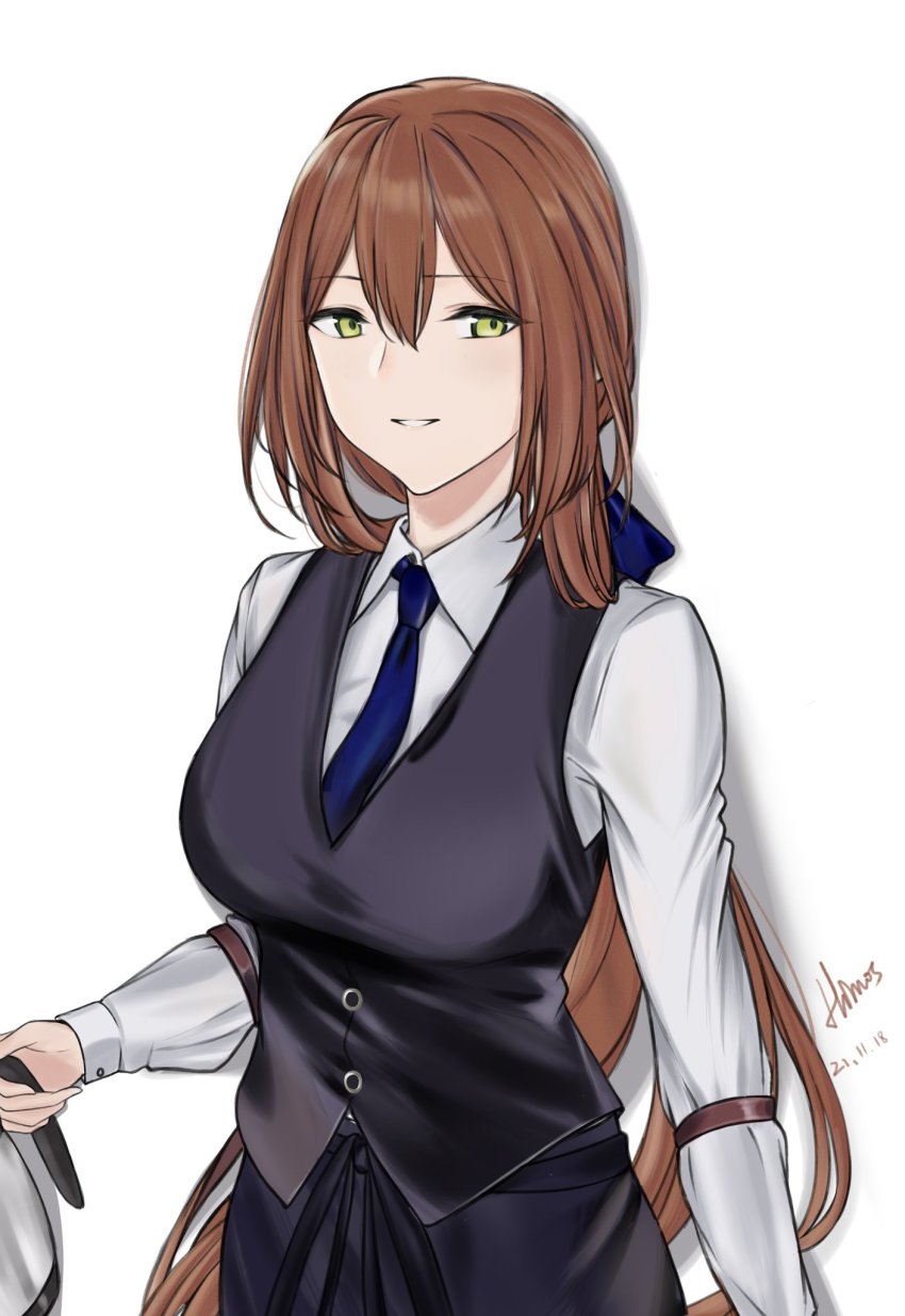 1girl, apron, artist_name, black_apron, black_vest, blue_necktie, blue_ribbon, breasts