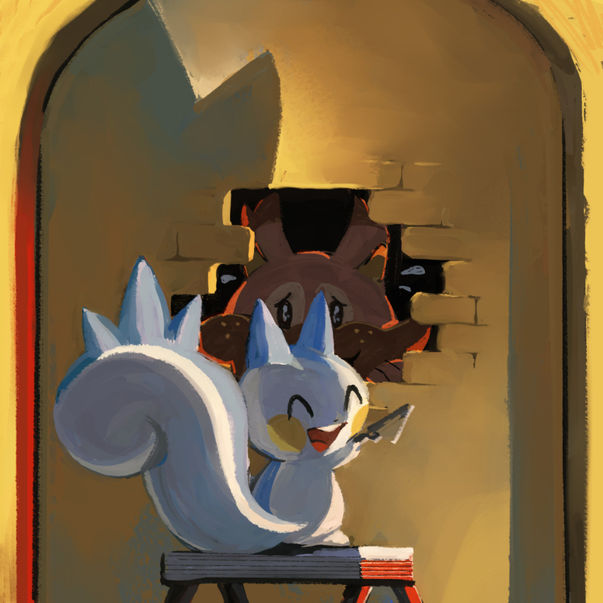 brick_wall, closed_eyes, commentary, english_commentary, flying_sweatdrops, gen_4_pokemon, gen_8_pokemon, go-lurk, greedent, highres, impending_doom, looking_at_viewer, looking_back, masonry_trowel, nintendo, no_humans, open_mouth, pachirisu, pokemon, scared, scene_reference, stool, the_cask_of_amontillado