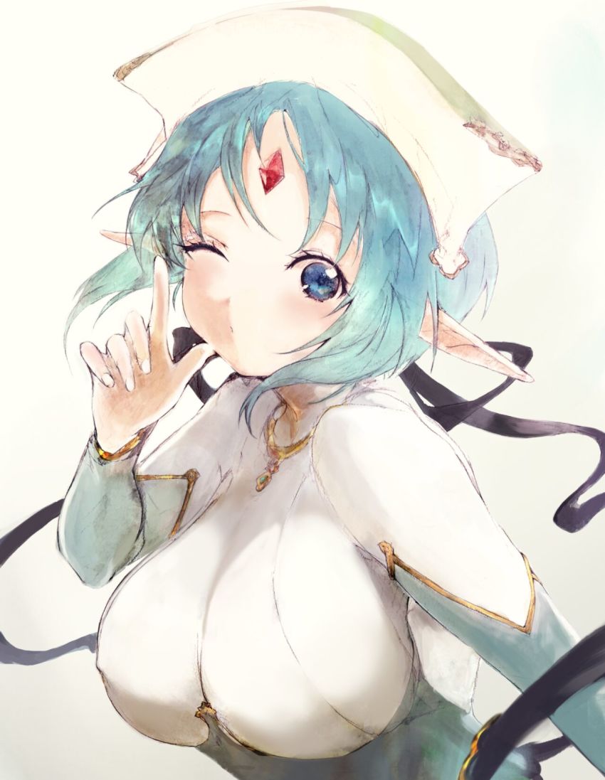 1girl, blowing_kiss, blue_eyes, blue_hair, breasts, character_request, dress, elf