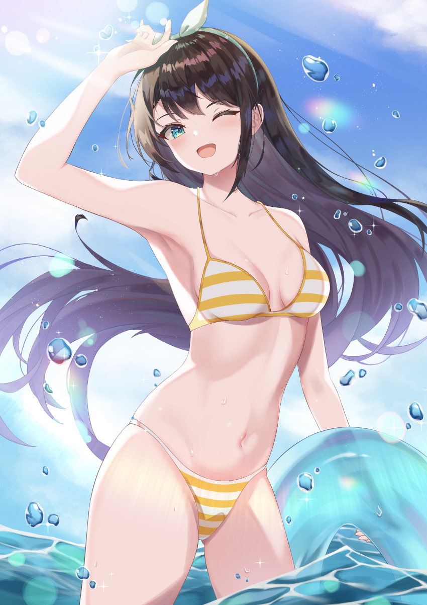 1girl, absurdres, aqua_eyes, armpits, bikini, black_hair, blue_eyes, blush, bow, breasts, brown_hair, hair_ornament, highres, hololive, long_hair, looking_at_viewer, matsumoto_yuu, medium_breasts, navel, one_eye_closed, oozora_subaru, oozora_subaru_(hololive_summer_2019), open_mouth, partially_submerged, smile, solo, striped_bikini, striped_clothes, swimsuit, virtual_youtuber, water_drop