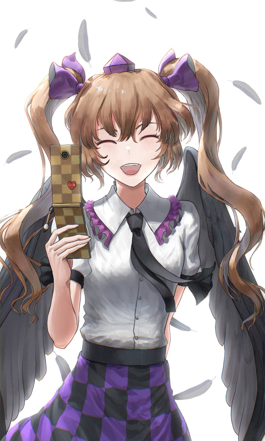 1girl, bow, brown_hair, cellphone, checkered_clothes, checkered_skirt, collared_shirt, closed_eyes