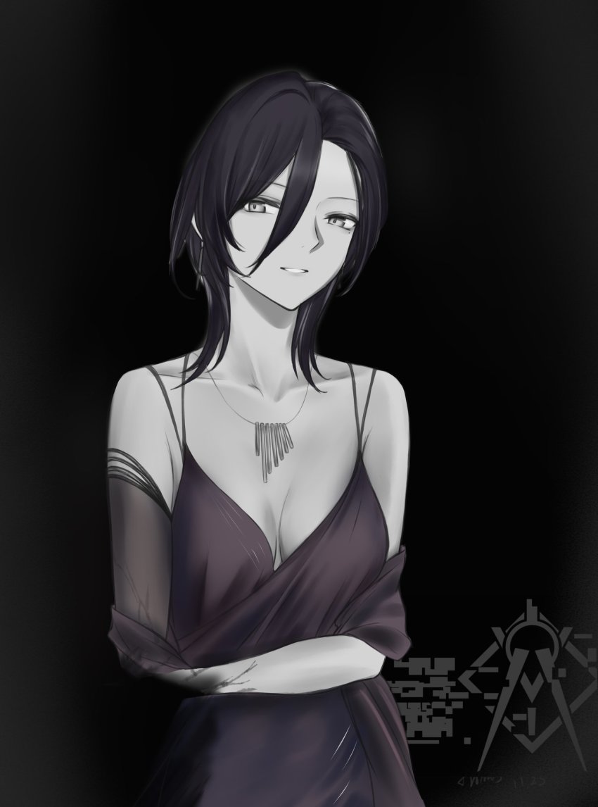 1girl, bare_shoulders, black_background, black_dress, black_hair, bramedb_(girls'_frontline), breasts, collarbone