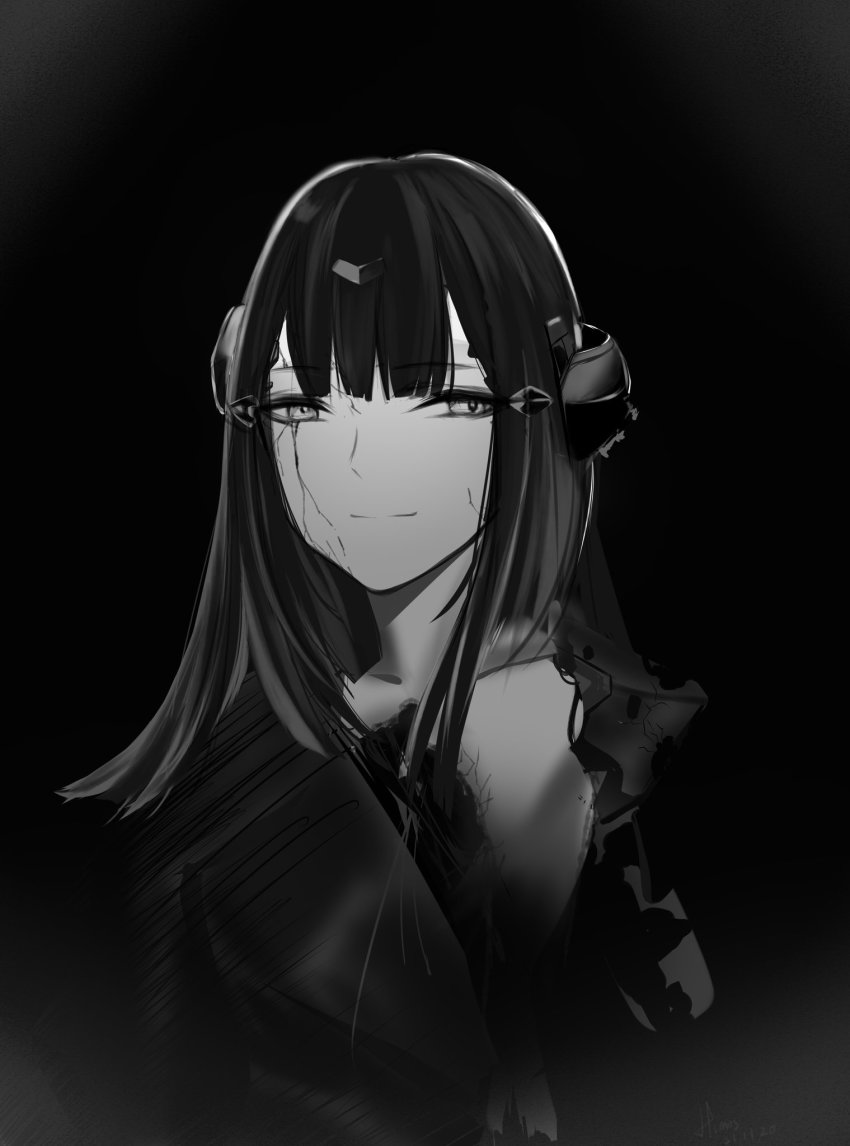 1girl, artist_name, black_background, black_dress, black_hair, closed_mouth, collarbone, cracked_skin