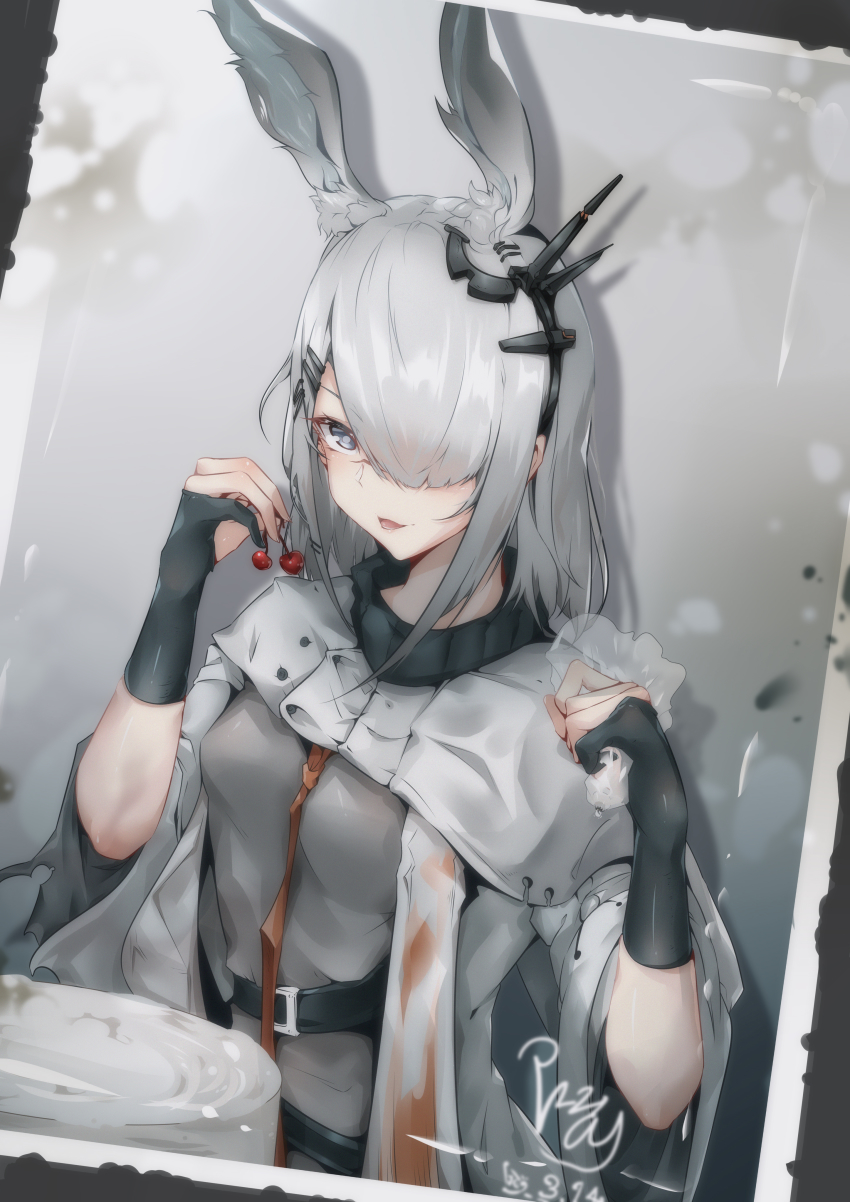 1girl, absurdres, animal_ears, arknights, black_gloves, breasts, cake, cape