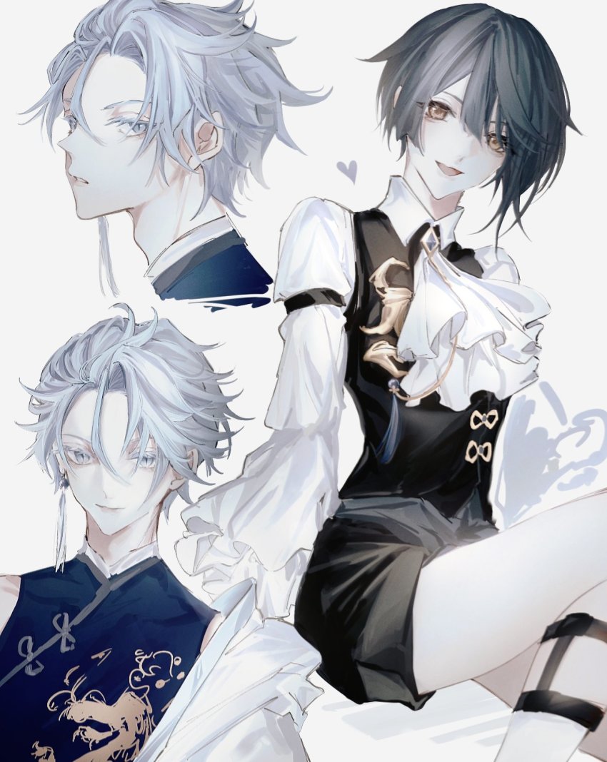 2boys, adam's_apple, alternate_costume, androgynous, aqua_hair, aqua_tassel, armband, ascot, asymmetrical_bangs, asymmetrical_hair, black_armband, black_shorts, black_vest, brooch, china_dress, chinese_clothes, chongyun_(genshin_impact), closed_mouth, collared_shirt, diagonal_bangs, dress, earrings, embroidery, frilled_sleeves, frills, from_below, from_side, genshin_impact, gold_trim, green_eyes, hair_between_eyes, hair_over_one_eye, heart, highres, invisible_chair, ishijinko, jewelry, knee_up, lips, long_sleeves, looking_at_viewer, looking_to_the_side, male_focus, multiple_boys, multiple_views, open_mouth, parted_lips, portrait, purple_dress, shirt, short_hair, shorts, sidelocks, sideways_glance, simple_background, single_earring, single_hair_intake, sitting, sleeveless, sleeveless_dress, slit_pupils, smile, split_mouth, tassel, tassel_earrings, teeth, tongue, upper_body, vest, white_ascot, white_background, white_eyes, white_hair, white_shirt, xingqiu_(genshin_impact), xingqiu_(ipstar)_(genshin_impact)