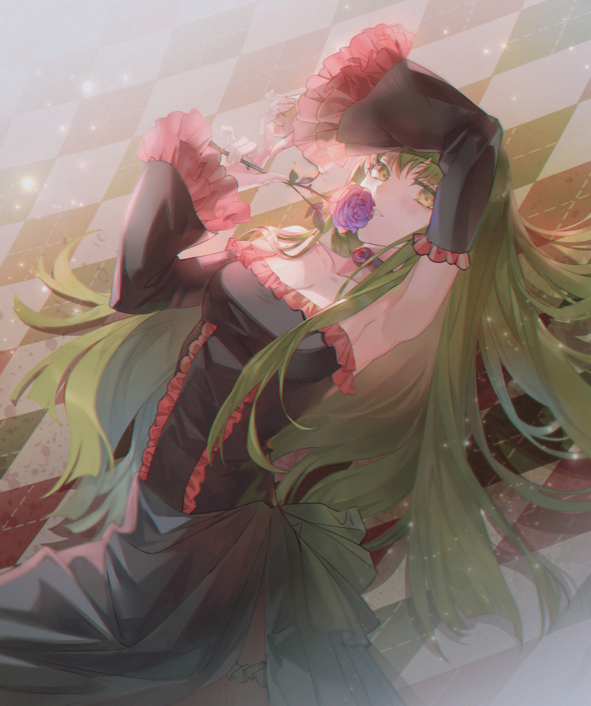 1girl, armpits, bad_id, bad_pixiv_id, black_dress, blush, breasts, c.c.