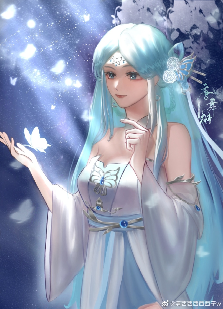 1girl, blue_hair, bug, butterfly, detached_collar, detached_sleeves, douluo_dalu, dress