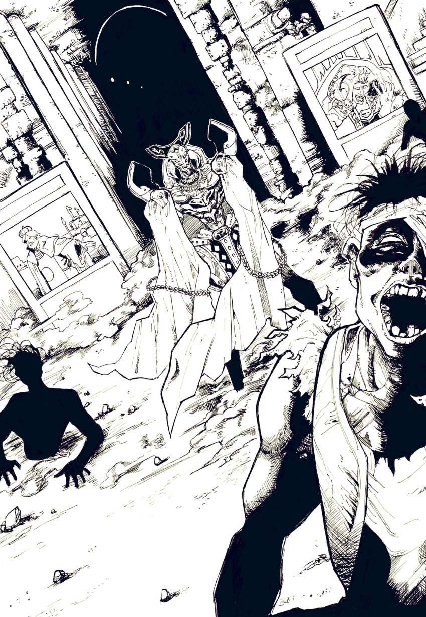 4boys, armor, buried, cape, card, duel_monster, dutch_angle, eldlich_the_golden_lord, highres, huaquero_of_the_golden_land, imperial_order_(yu-gi-oh!), looking_at_viewer, monochrome, monster_boy, multiple_boys, open_mouth, pauldrons, ruins, sapporo_ichiban, shoulder_armor, skill_drain, yu-gi-oh!, zombie