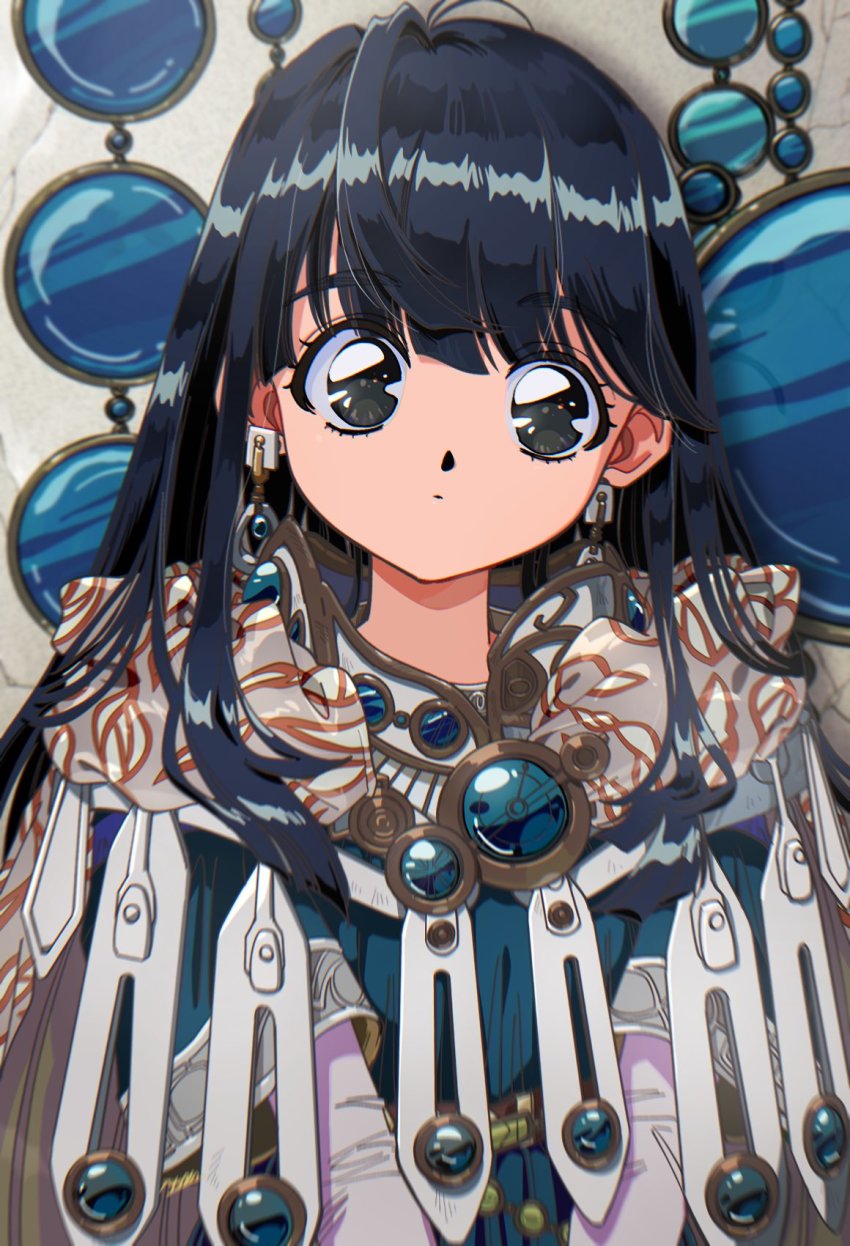 1girl, bead_curtain, black_eyes, black_hair, blue_gem, blunt_bangs, cloak, curious