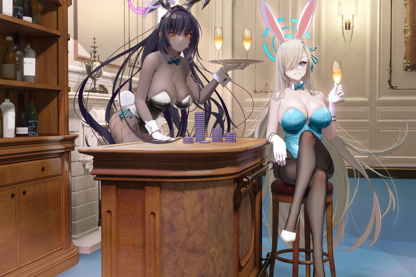 2girls, animal_ears, aqua_bow, aqua_bowtie, aqua_leotard, asuna_(blue_archive), asuna_(bunny)_(blue_archive), bar_stool