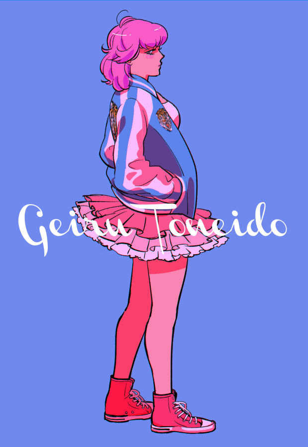 1girl, ace_attorney, blue_background, character_name, full_body, geiru_toneido, hands_in_pockets, jacket, looking_at_viewer, medium_hair, nekowosuu, phoenix_wright:_ace_attorney_-_spirit_of_justice, pink_hair, pink_shoes, pink_skirt, shoes, simple_background, skirt, sneakers, solo, track_jacket