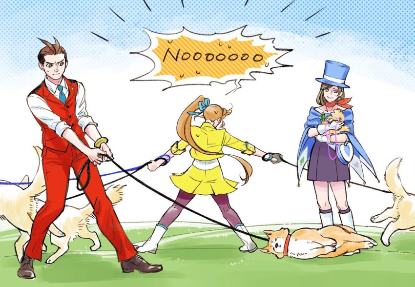 1boy, 2girls, ace_attorney, animal, antenna_hair, apollo_justice, athena_cykes, blue_headwear