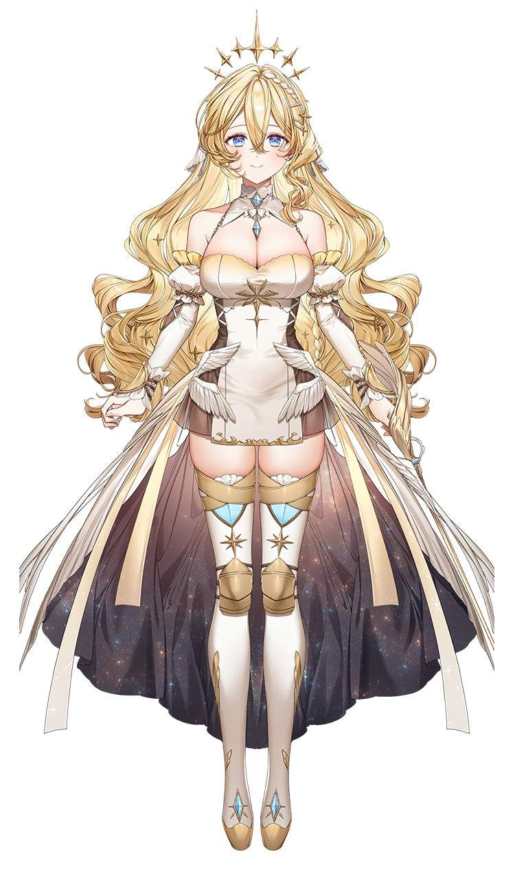 1girl, arms_at_sides, blonde_hair, blue_eyes, boots, breasts, cleavage, closed_mouth, detached_sleeves, dress, eleanor_stella, full_body, hair_between_eyes, highres, large_breasts, long_hair, looking_at_viewer, nkshoujo, official_art, pillo, simple_background, smile, solo, thigh_boots, transparent_background, virtual_youtuber