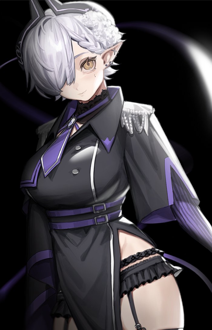 1girl, black_background, breasts, cb_(chenjin49576851), closed_mouth, cray_(vtuber), ear_piercing, earrings, garter_belt, hair_over_one_eye, jewelry, large_breasts, looking_at_viewer, nkshoujo, one_eye_covered, pelvic_curtain, piercing, pointy_ears, short_hair, solo, stud_earrings, virtual_youtuber, white_hair, yellow_eyes