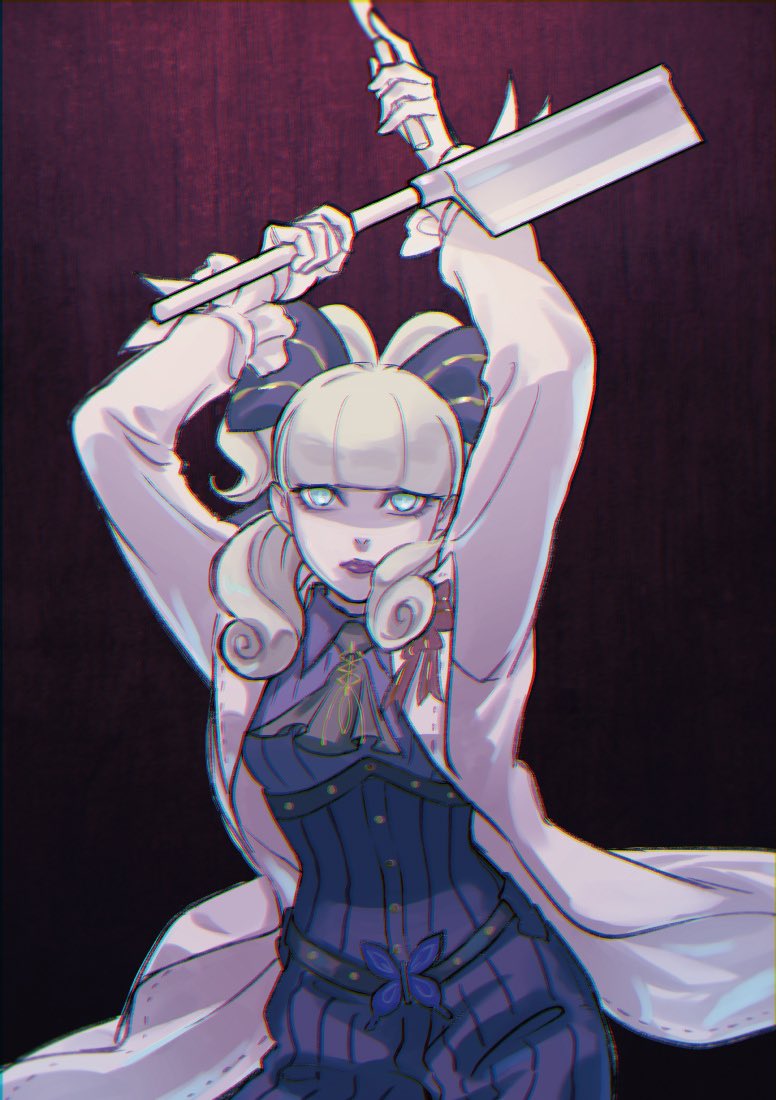 1girl, ace_attorney, blue_eyes, blunt_bangs, bow, butterfly_belt_buckle, caduceus, coat