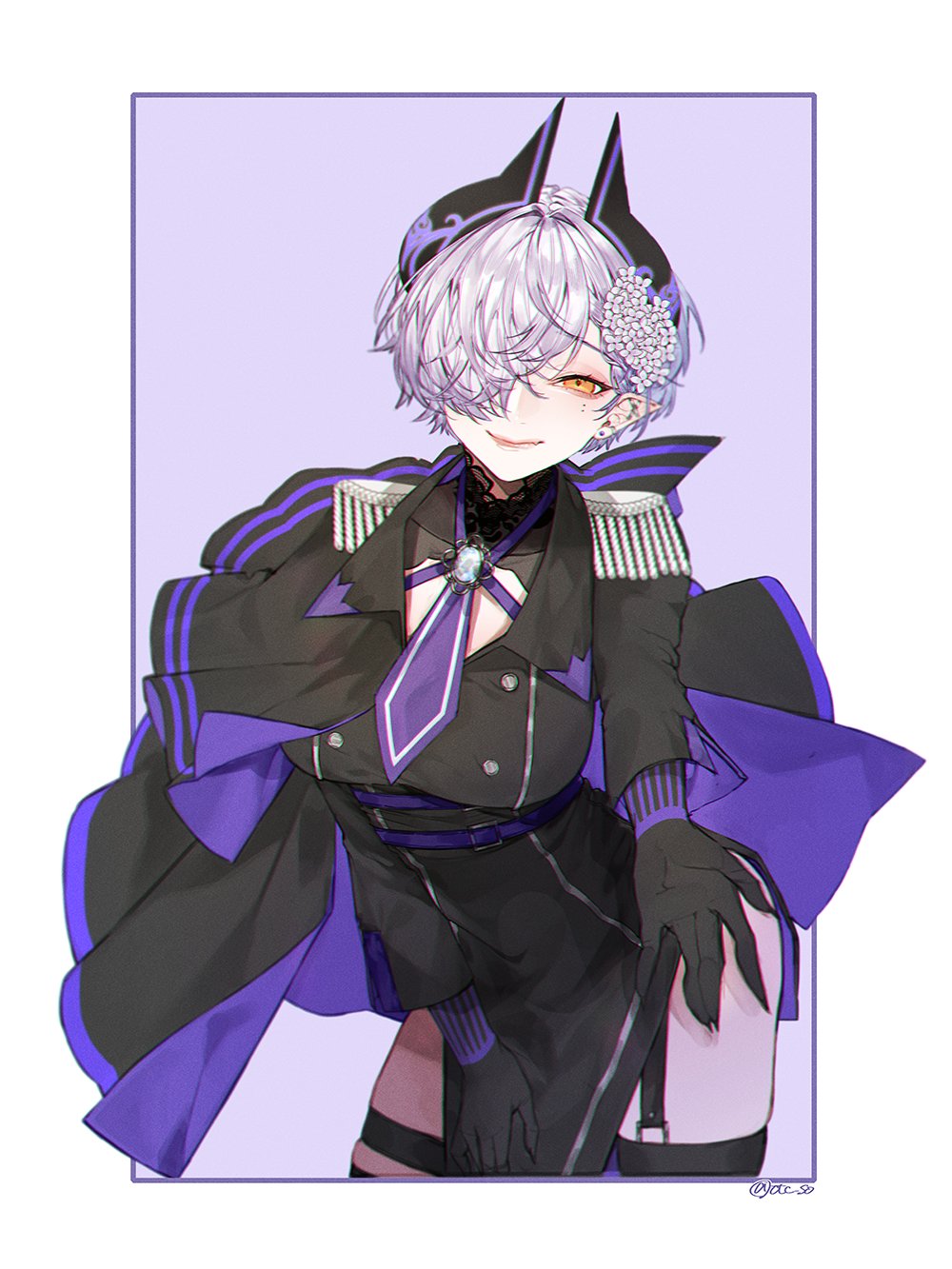 1girl, black_gloves, black_thighhighs, breasts, brooch, closed_mouth, cray_(vtuber), earrings