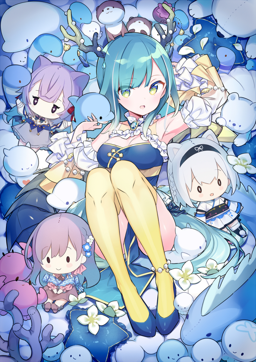 1girl, antlers, aqua_hair, bad_id, bad_pixiv_id, blue_shoes, breasts, character_doll, detached_sleeves, doll, dress, green_eyes, highres, horns, kiya_machi, knees_up, kohaku_nene, la_peche_party, long_hair, looking_at_viewer, lying, medium_breasts, momozono_sena, on_back, open_mouth, pelvic_curtain, shioumi_waka, shizuki_tsumiki, shoes, solo, stuffed_animal, stuffed_toy, tail, thighhighs, very_long_hair, virtual_youtuber, yellow_thighhighs