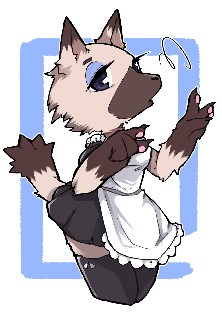 1girl, absurdres, animal_crossing, animal_ears, animal_hands, animal_nose, apron, black_dress, black_eyes, black_thighhighs, blue_eyeshadow, body_fur, breasts, brown_fur, claws, cowboy_shot, dress, eyeshadow, female_focus, frilled_apron, frills, furry, furry_female, half-closed_eyes, hands_up, highres, looking_at_viewer, maid_apron, makeup, nintendo, open_mouth, outline, pawpads, short_dress, short_sleeves, simple_background, sketch, skindentation, small_breasts, snout, solo, squiggle, standing, tail, tail_raised, thighhighs, two-tone_background, two-tone_fur, vivian_(animal_crossing), white_apron, white_background, white_outline, wolf_ears, wolf_girl, wolf_tail, yellowparrot, zettai_ryouiki
