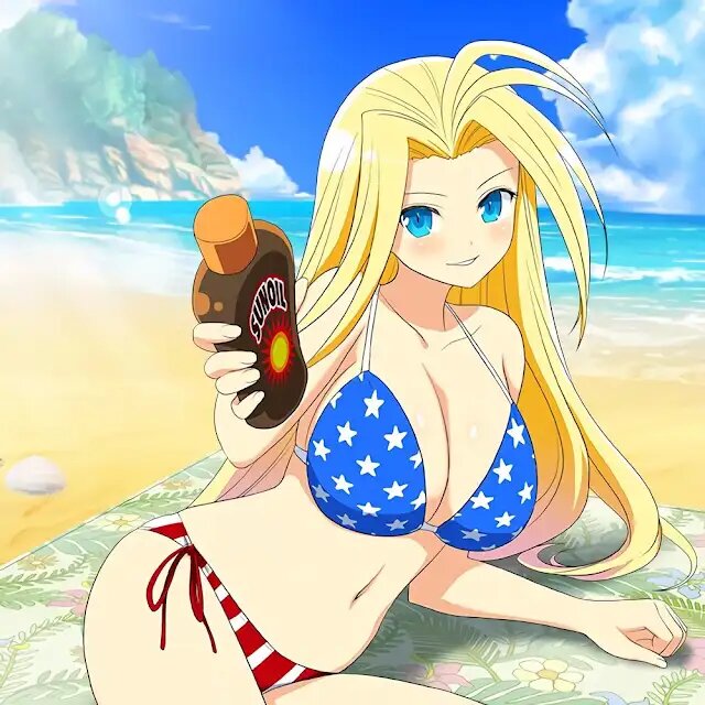 1girl, american_flag, american_flag_bikini, american_flag_print, beach, bikini, blonde_hair, blue_eyes