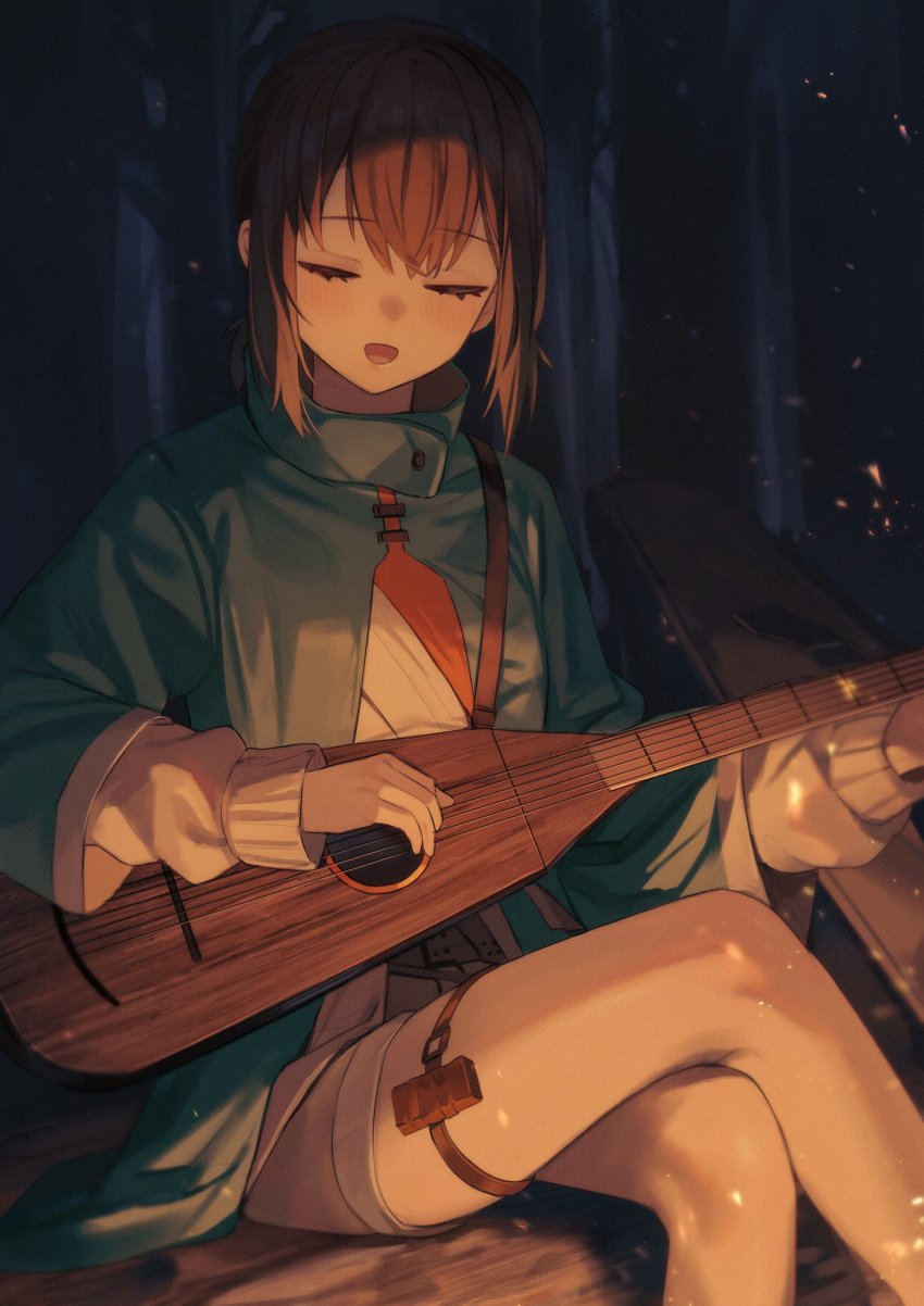 1girl, absurdres, brown_hair, closed_eyes, crossed_legs, facing_viewer, feet_out_of_frame, highres