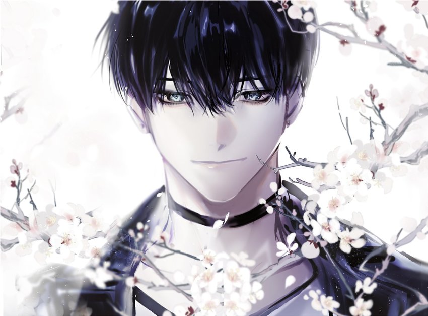 1boy, black_hair, branch, choker, closed_mouth, eyelashes, flower, han_yoojin