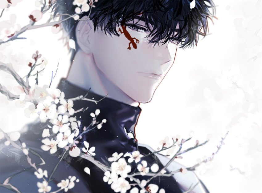 1boy, black_hair, black_shirt, branch, closed_mouth, eyelashes, facial_mark, flower