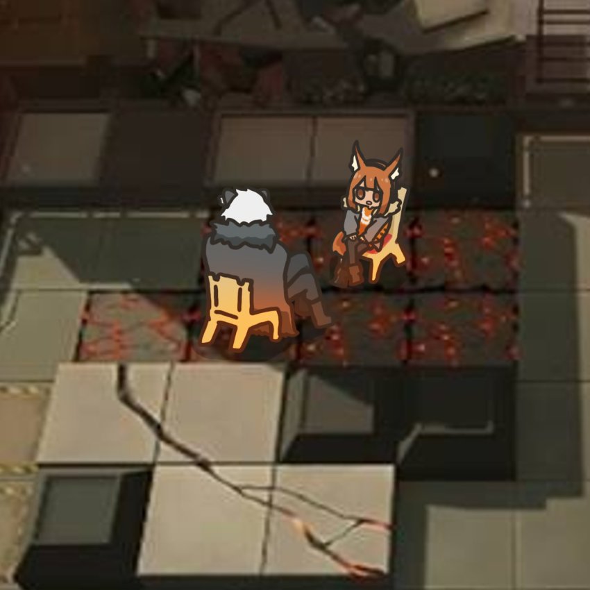 1boy, 1girl, animal_ears, arknights, black_footwear, black_pants, boots, brown_eyes, brown_footwear, cape, chair, chibi, dress, from_behind, fur-trimmed_cape, fur-trimmed_jacket, fur_trim, game_screenshot_background, grey_cape, highres, jacket, jpeg_artifacts, open_clothes, open_jacket, orange_dress, orange_hair, outdoors, pants, ratatos_browntail_(arknights), rihi_ewokakune, screenshot_background, short_hair, silverash_(arknights), sitting, snow_leopard_ears, white_hair