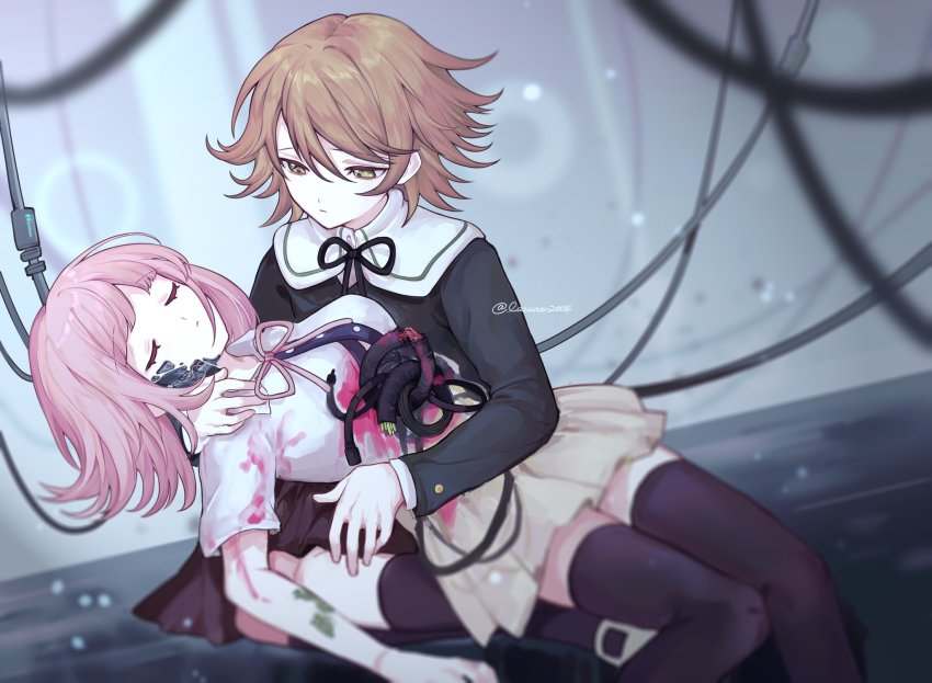 1boy, 1girl, artist_name, black_ribbon, black_socks, black_thighhighs, blood, blurry