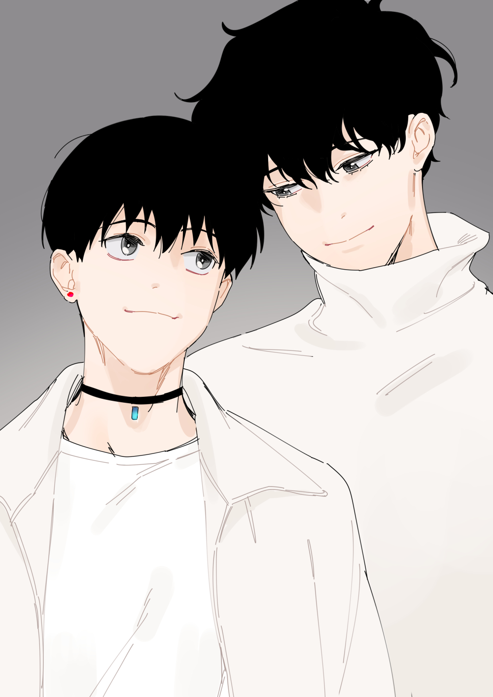 2boys, black_hair, brothers, choker, closed_mouth, earrings, eye_contact, grey_background, grey_eyes, han_yoohyun, han_yoojin, head_tilt, height_difference, highres, jacket, jewelry, looking_at_another, looking_away, looking_down, looking_up, male_focus, multiple_boys, naega_kiun_s_geubdeul, pendant, short_hair, siblings, smile, stud_earrings, tnaaant, turtleneck, upper_body