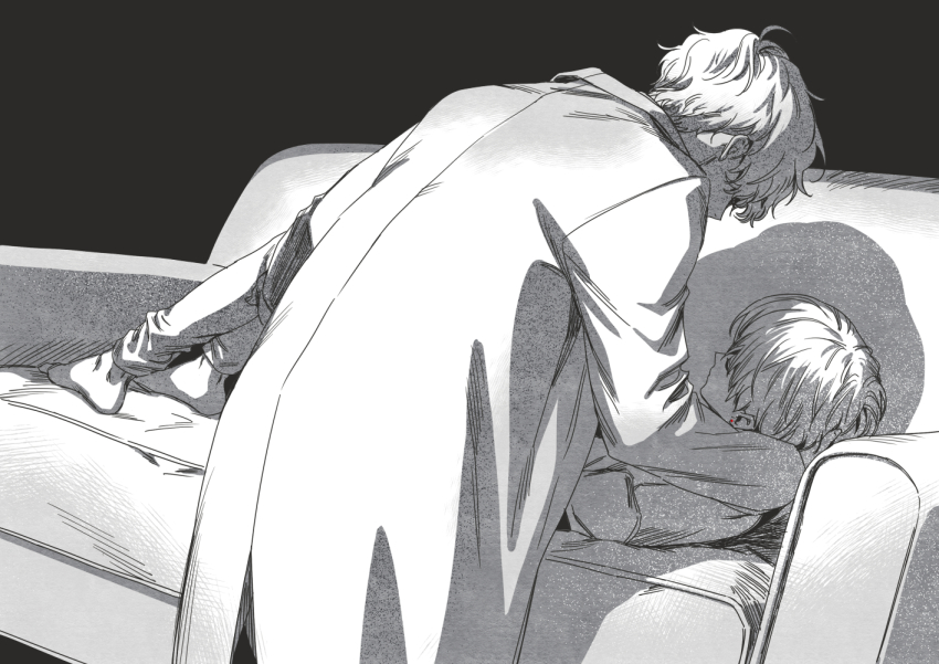 2boys, barefoot, brothers, carrying, closed_eyes, coat, couch, earrings, greyscale, han_yoohyun, han_yoojin, jewelry, leaning_forward, long_sleeves, lying, male_focus, monochrome, multiple_boys, naega_kiun_s_geubdeul, on_back, on_couch, pants, princess_carry, short_hair, siblings, sleeping, spot_color, standing, stud_earrings, tnaaant