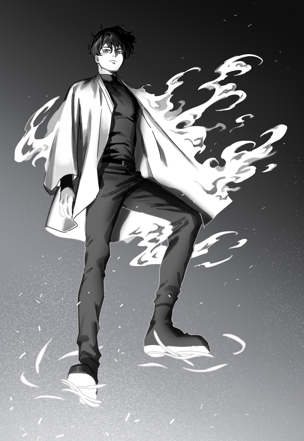 1boy, arm_at_side, belt, burning, fire, floating, from_below, full_body