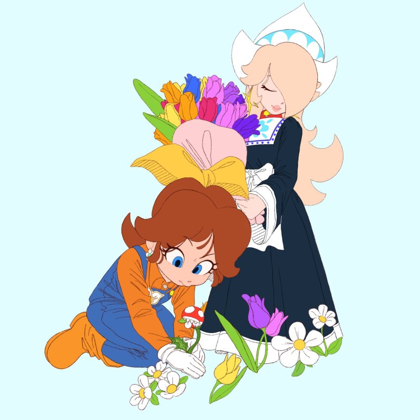 2girls, alternate_costume, blonde_hair, blue_background, blue_eyes, boots, bouquet, bow