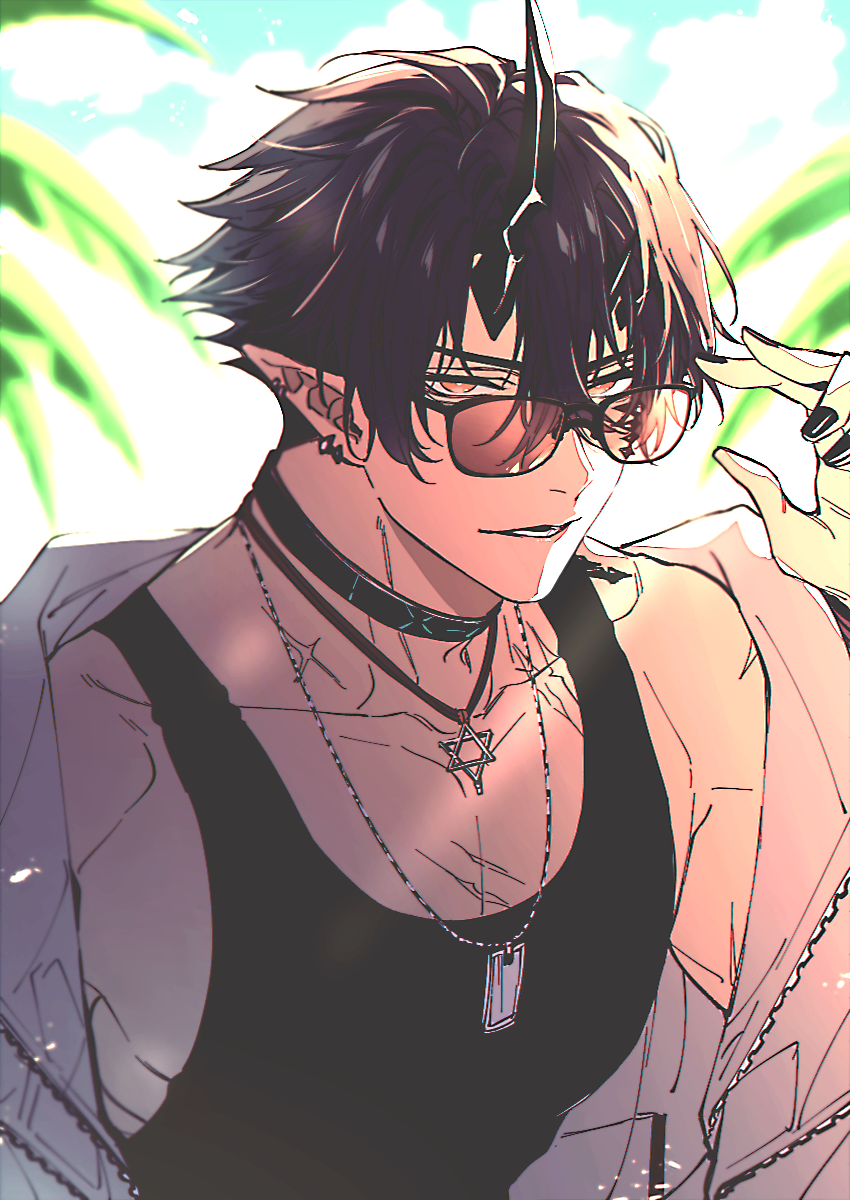 1boy, arknights, bishounen, black_hair, black_nails, black_shirt, dog_tags, ear_piercing