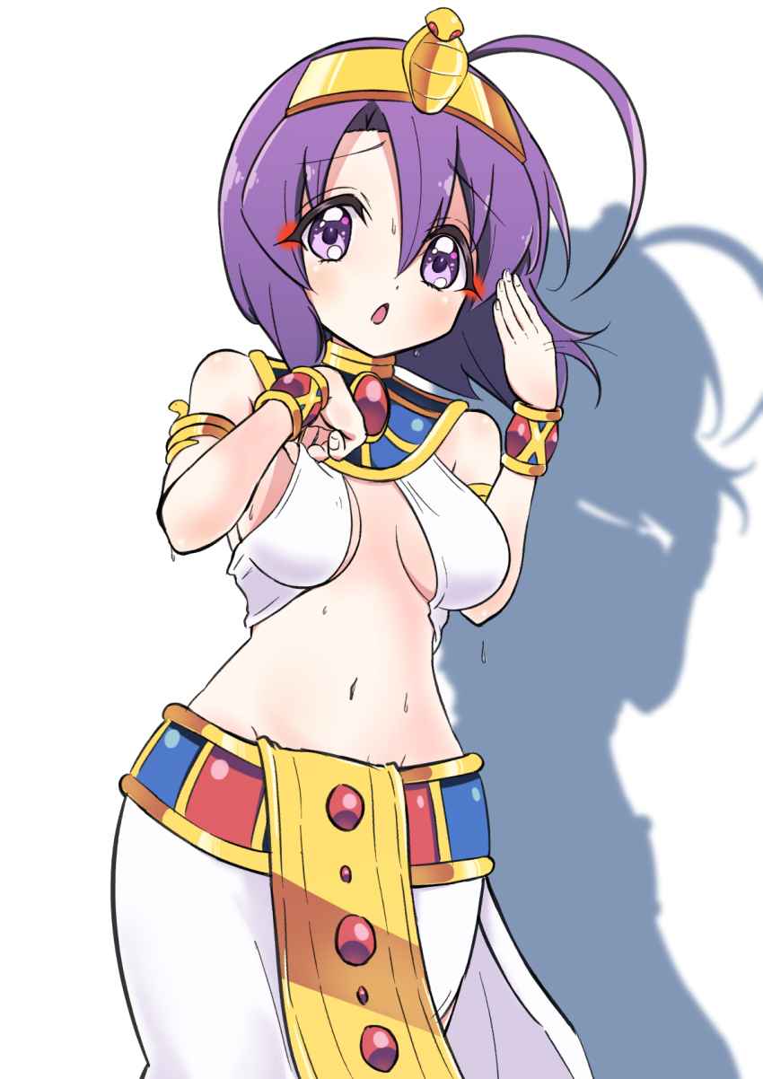 1girl, ahoge, ancient_egyptian_clothes, blush, breasts, cleavage, eyebrows_hidden_by_hair, highres