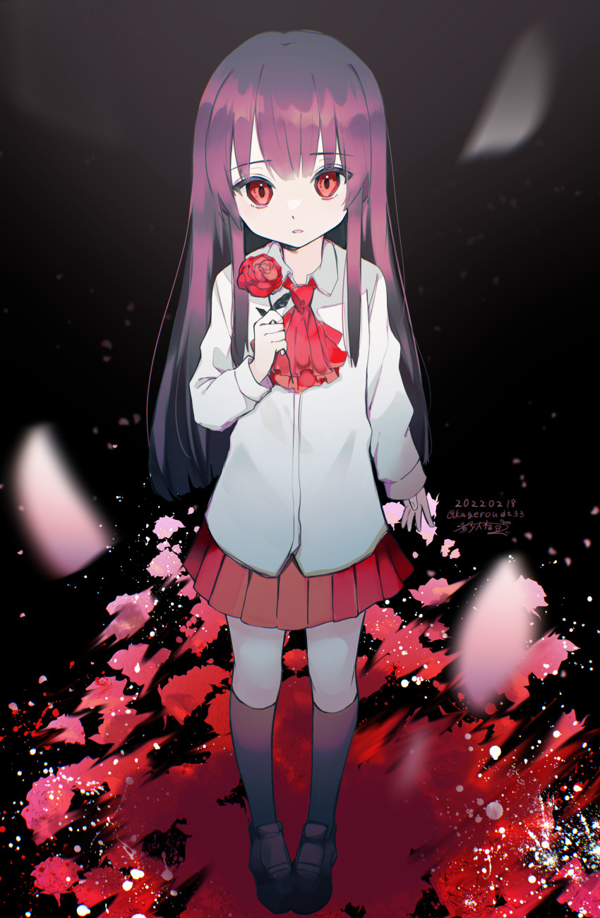 1girl, absurdres, ascot, black_background, brown_hair, daifuku_mame_(kageroudt33), dated, flower