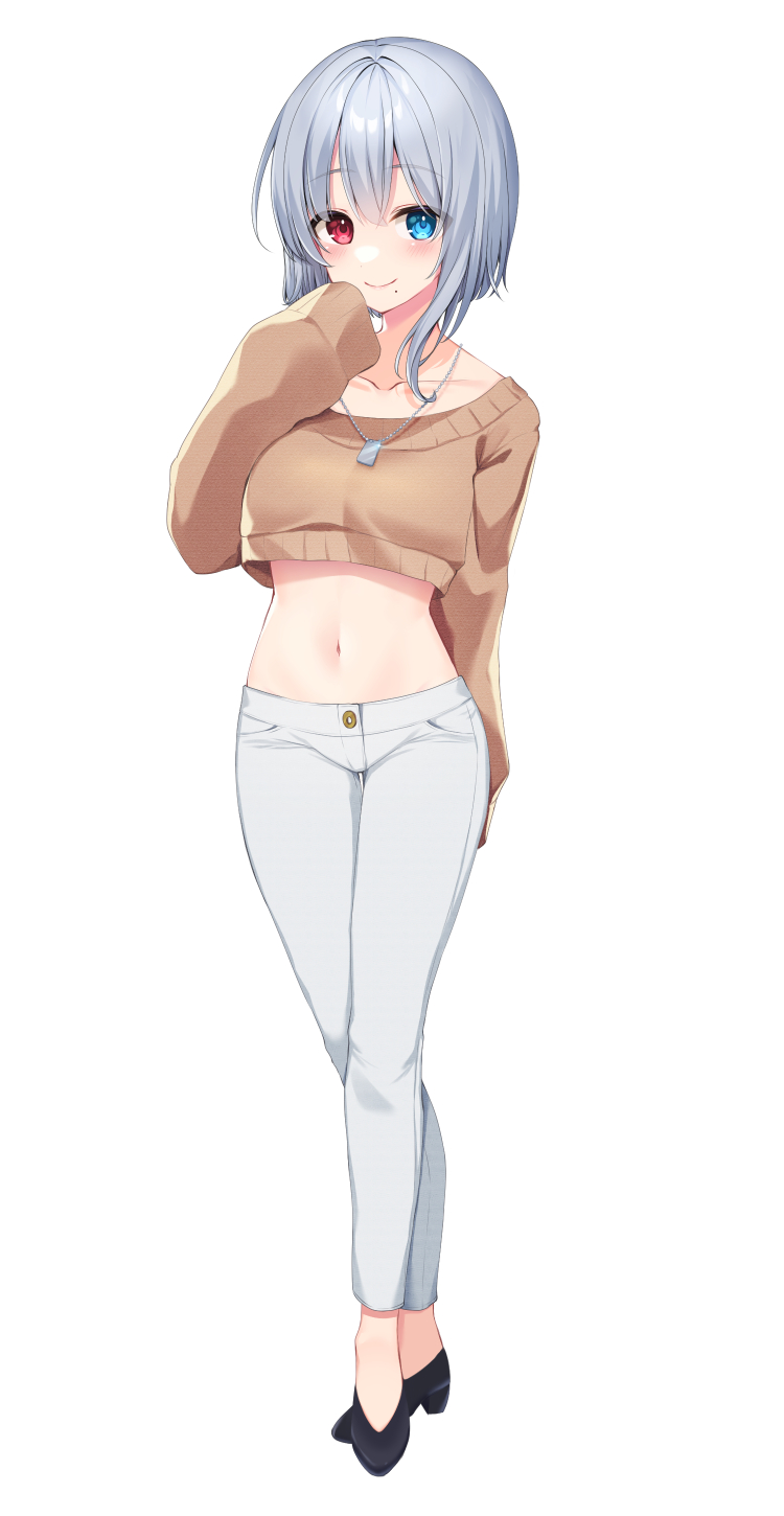 1girl, asagi_shiki_(artist), black_shoes, blue_eyes, brown_shirt, collarbone, crop_top, crop_top_overhang, cropped_sweater, dog_tags, full_body, grey_hair, hand_up, heterochromia, highres, long_sleeves, looking_at_viewer, midriff, mole, mole_under_mouth, navel, original, pants, red_eyes, shirt, shoes, short_hair, simple_background, sleeves_past_fingers, sleeves_past_wrists, smile, solo, standing, stomach, sweater, white_background, white_pants