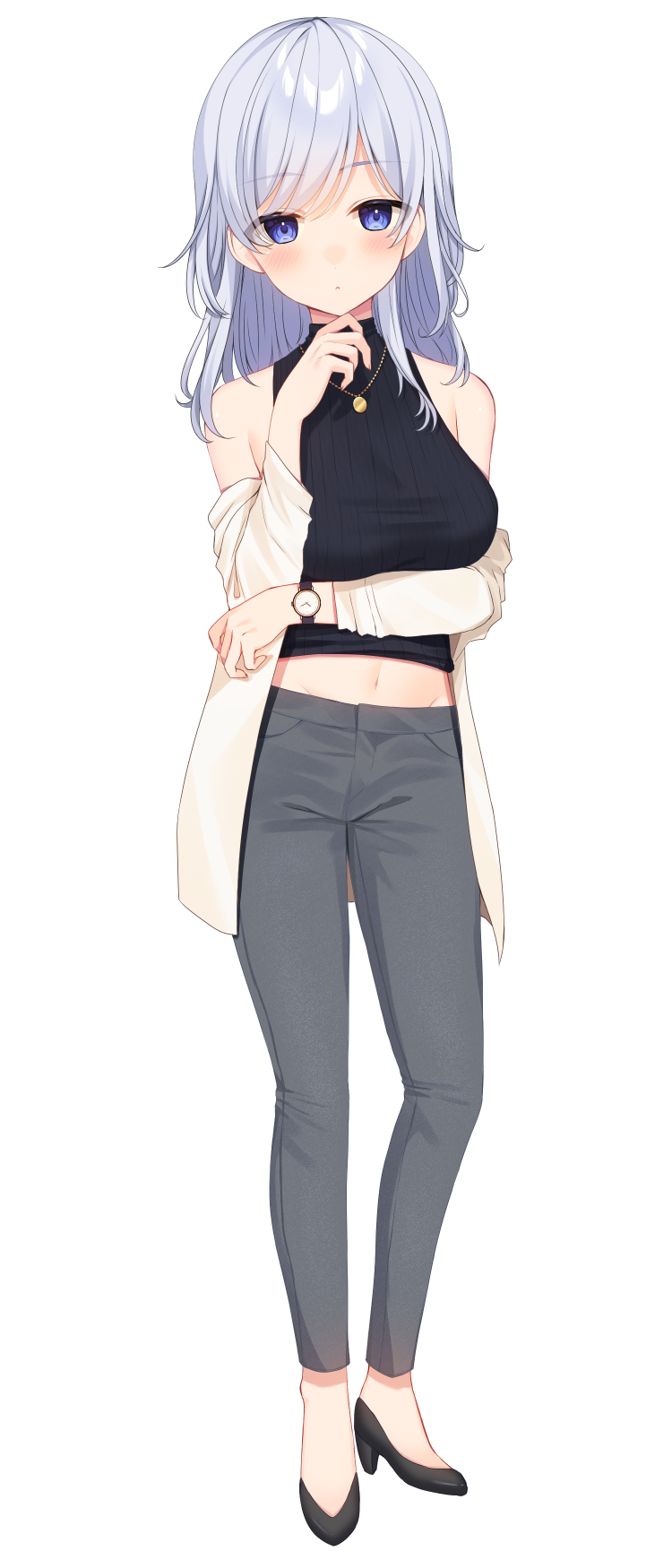 1girl, asagi_shiki_(artist), bare_shoulders, black_footwear, black_shirt, blue_eyes, breasts, crop_top