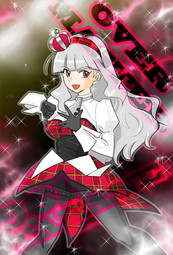 1girl, crown, female_focus, gloves, headband, idolmaster, idolmaster_(classic), long_hair, morimoto_gaanya, pantyhose, plaid, punkish_gothic, purple_eyes, shijou_takane, silver_hair, solo