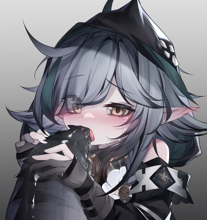 1girl, absurdres, arknights, bare_shoulders, black_shirt, black_sleeves, blush, braid