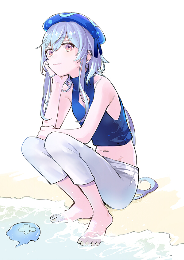 1boy, arknights, bare_shoulders, beach, blue_hair, blue_hat, blue_shirt, cleavage_cutout, clothing_cutout, earrings, hat, head_rest, jewelry, looking_at_viewer, male_focus, midriff, mizuki_(arknights), navel, pants, pink_eyes, shirt, short_hair_with_long_locks, simple_background, sleeveless, sleeveless_shirt, soaking_feet, solo, squatting, trap, water, white_background, white_pants, zuncro_gb