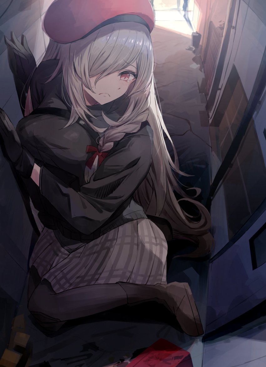 1girl, absurdres, beret, black_gloves, black_shirt, black_thighhighs, boots, braid, closed_mouth, commission, g36c_(girls'_frontline), g36c_(red_beret)_(girls'_frontline), giant, giantess, girls'_frontline, gloves, grey_hair, hair_between_eyes, hat, highres, long_hair, long_sleeves, miyabino_(miyabi1616), official_alternate_costume, plaid_clothes, plaid_skirt, pleated_skirt, red_eyes, red_hat, second-party_source, shirt, side_braid, skirt, solo, thighhighs