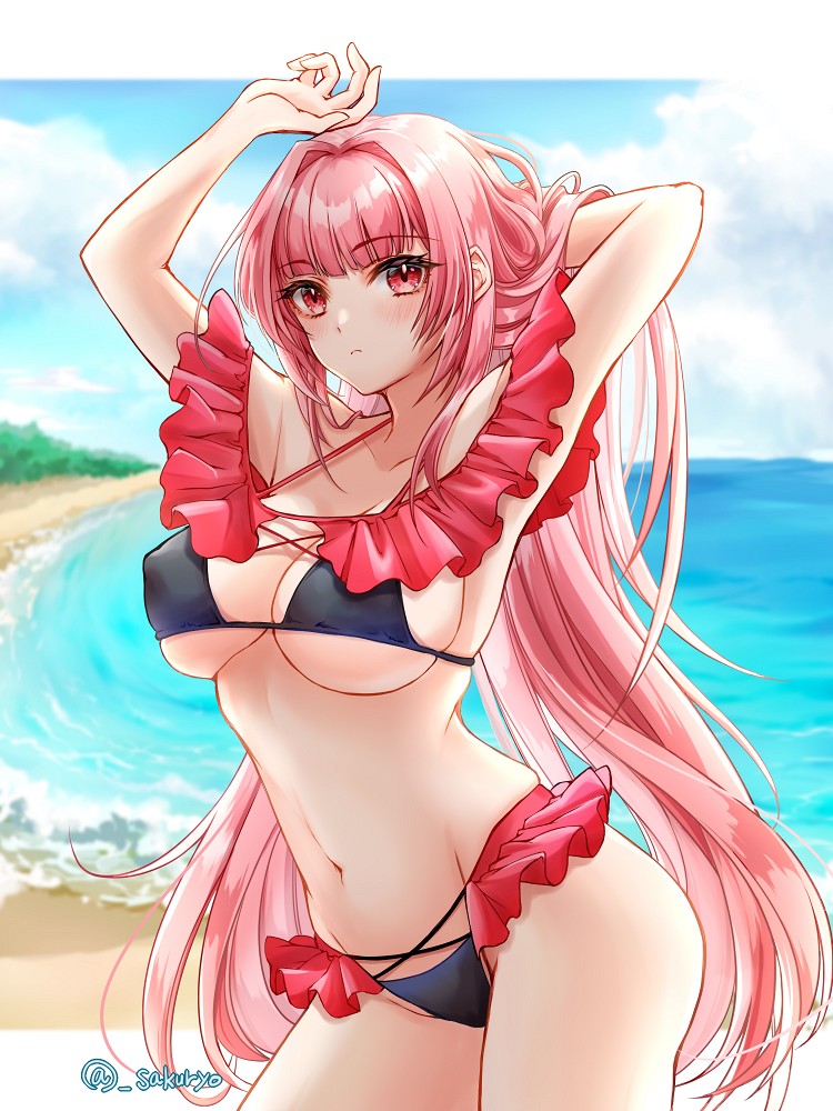 1girl, arm_behind_head, armpits, arms_up, azur_lane, beach, bikini, black_bikini, closed_mouth, cloud, collarbone, cowboy_shot, day, expressionless, frilled_bikini, frills, hair_intakes, long_hair, looking_at_viewer, navel, off-shoulder_bikini, off_shoulder, pink_hair, princeton_(azur_lane), princeton_(seaside_training)_(azur_lane), red_eyes, sakurai_(skri_3527), sky, solo, standing, swimsuit, twitter_username