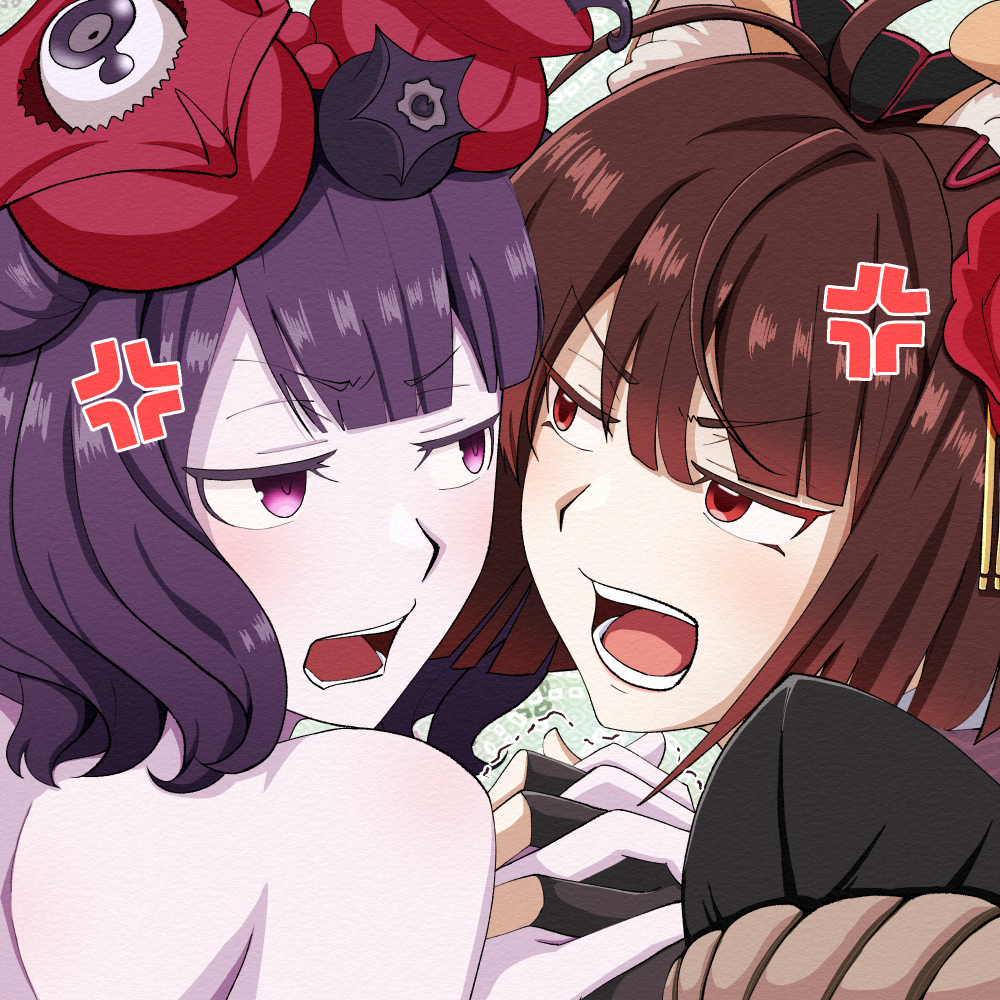 2girls, ahoge, anger_vein, animal_ears, arguing, brown_hair, colored_skin, dog_ears