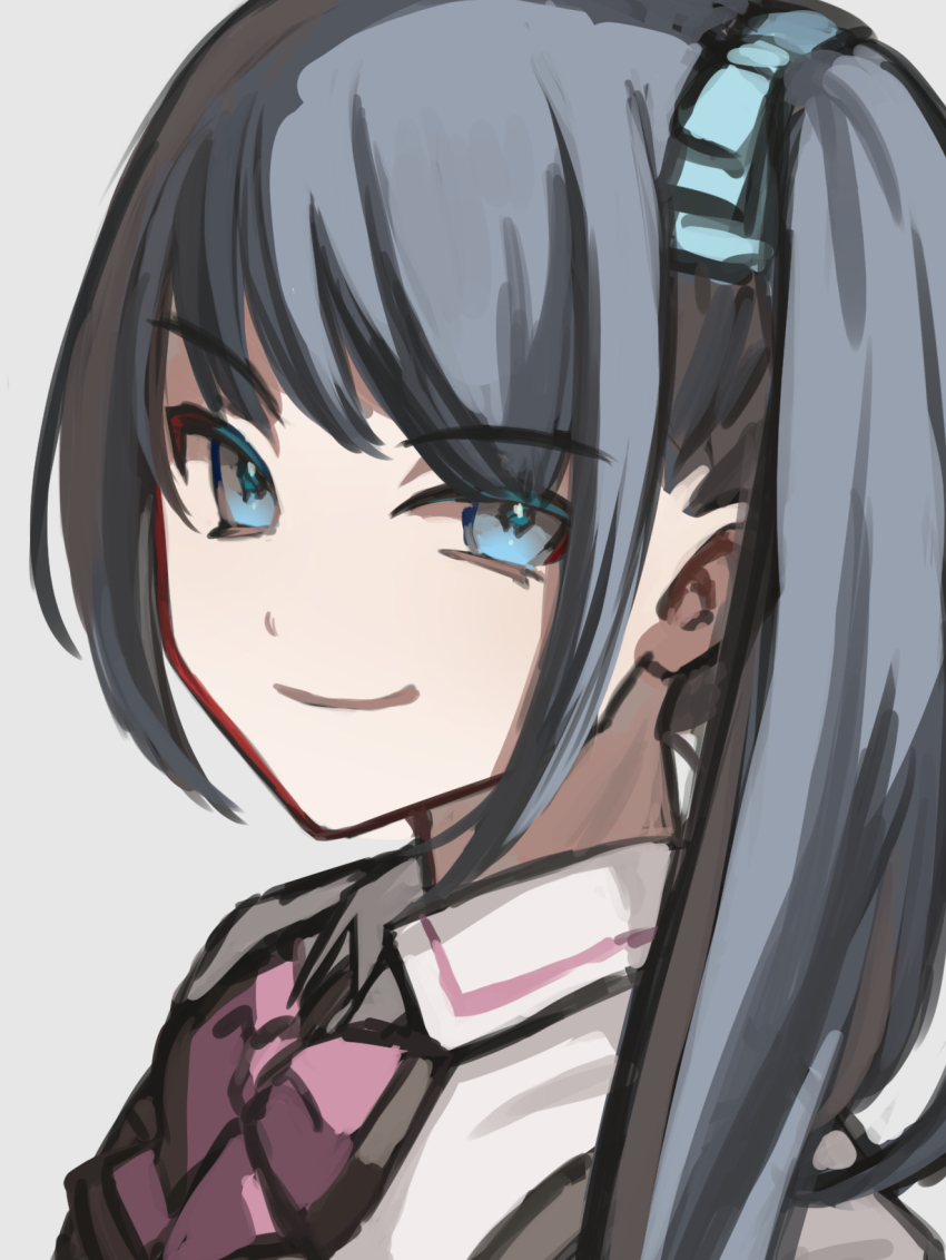 1girl, assault_lily, blue_bow, blue_eyes, bow, bowtie, closed_mouth, collared_shirt, commentary, from_side, grey_background, grey_hair, hair_bow, highres, houjou_monica_asahi, long_hair, looking_at_viewer, looking_to_the_side, ludvico_private_girls'_academy_school_uniform, pink_bow, pink_bowtie, portrait, school_uniform, shirt, side_ponytail, simple_background, sketch, smirk, smug, solo, suspenders, tareko, uneven_eyes, v-shaped_eyebrows, white_shirt